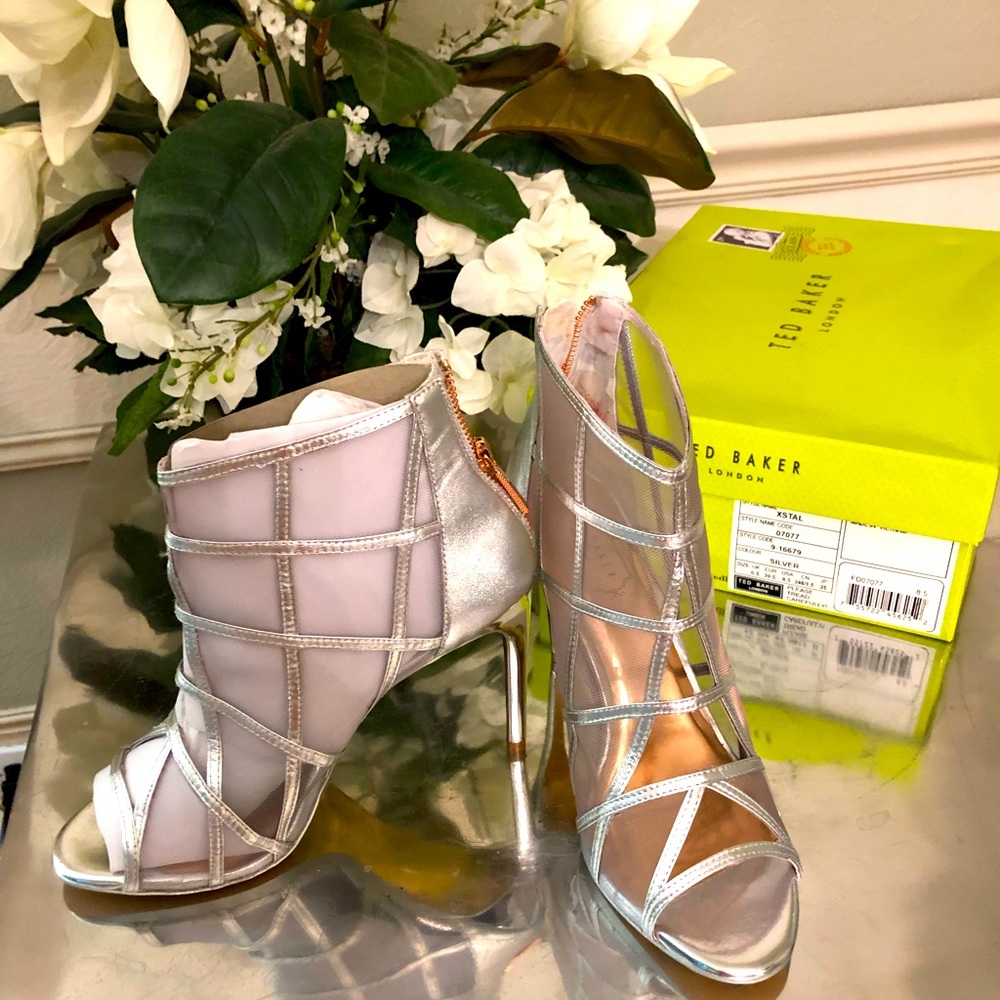 *NWT*TED BAKER London Silver Caged Heeled Sandals sz8.5 Leather & Mesh-Glamorous